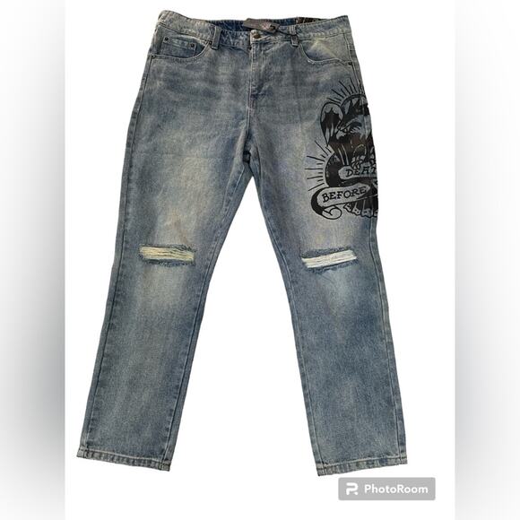 Ed Hardy Denim Jeans Tattoo Print Death Before Dishonor Distressed knees Size 36